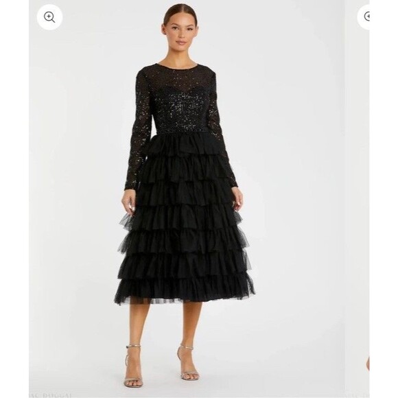 Mac Duggal 26299 SEQUINED LAYERED TULLE A-LINE COCKTAIL DRESS Sz 12 Black $498 - Picture 1 of 6